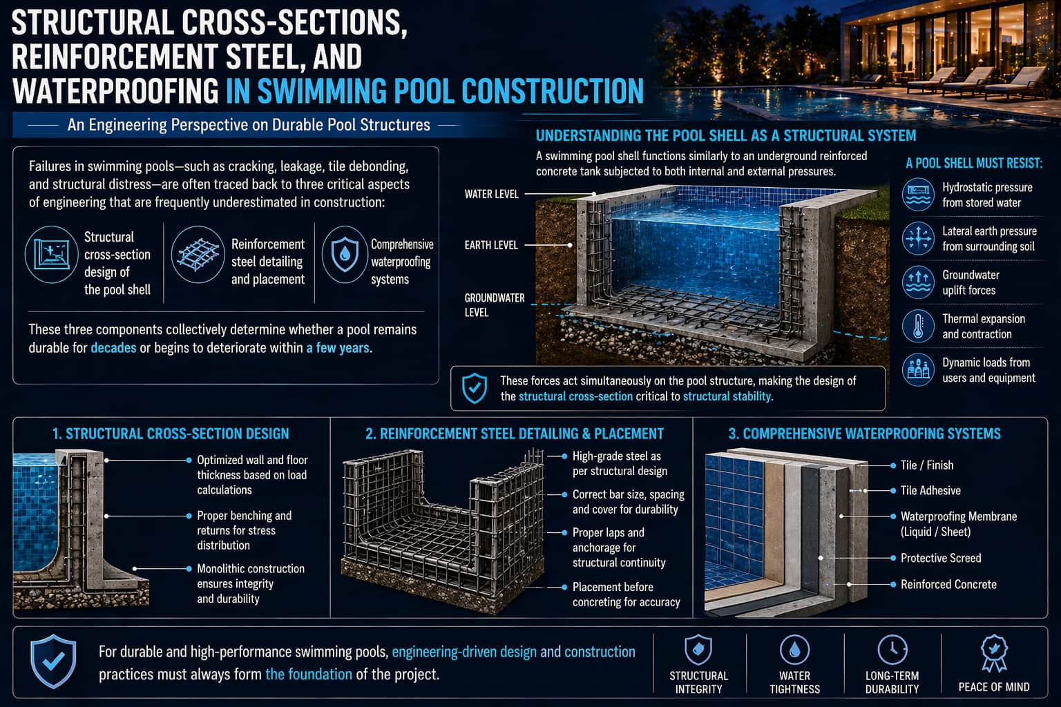 Pool Structural Engineer Structural Cross-Sections, Reinforcement Steel, and Waterproofing in ...